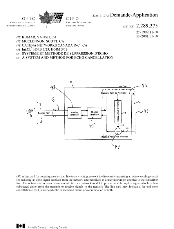 Document de brevet canadien 2289275. Page couverture 20010430. Image 1 de 1
