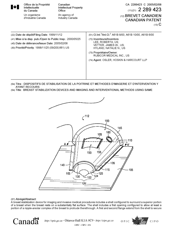 Document de brevet canadien 2289423. Page couverture 20050113. Image 1 de 2