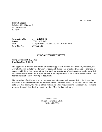 Canadian Patent Document 2289648. Correspondence 19991213. Image 1 of 1
