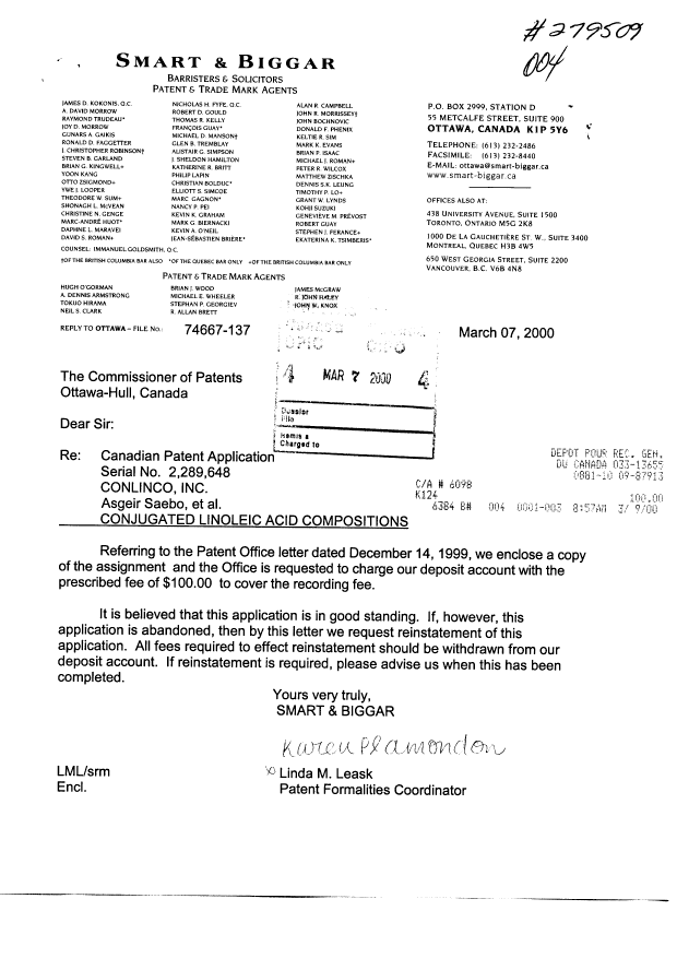 Document de brevet canadien 2289648. Cession 20000307. Image 1 de 7
