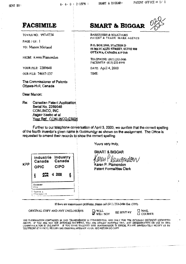 Document de brevet canadien 2289648. Cession 20000404. Image 1 de 1