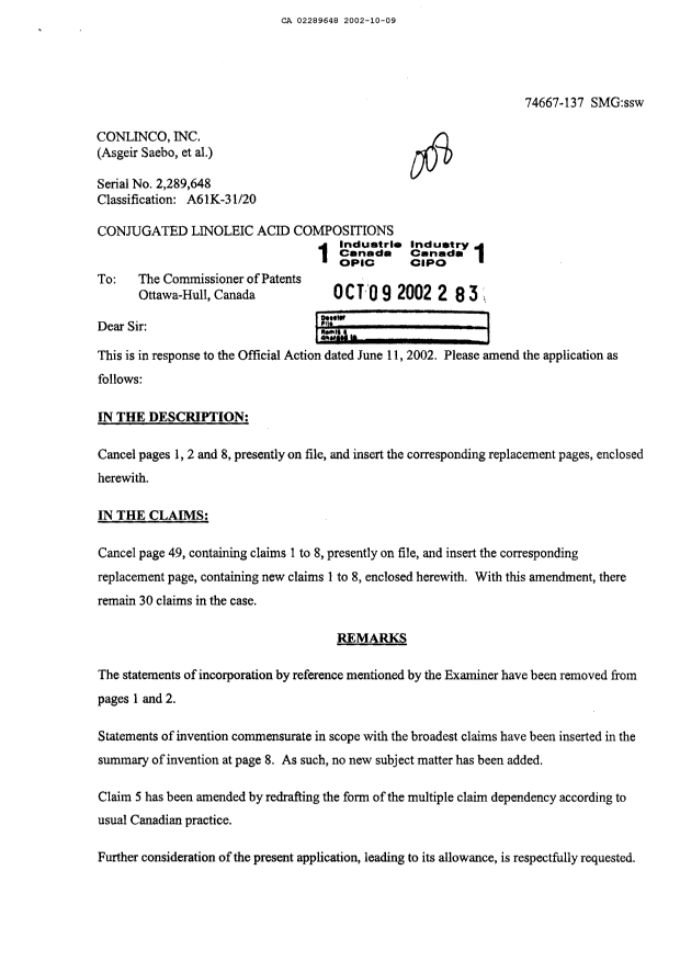 Document de brevet canadien 2289648. Poursuite-Amendment 20021009. Image 1 de 10