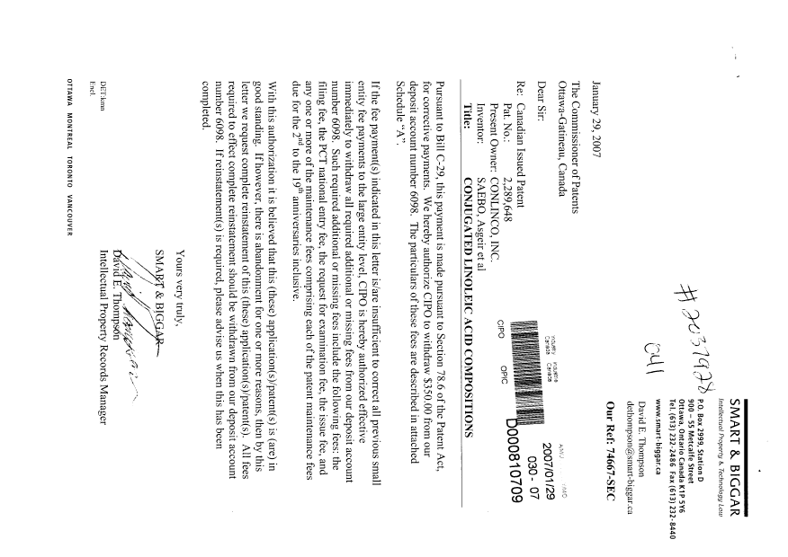Document de brevet canadien 2289648. Poursuite-Amendment 20070129. Image 1 de 2