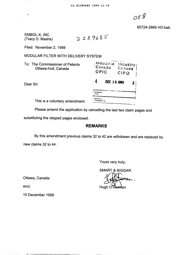 Canadian Patent Document 2289685. Prosecution-Amendment 19991215. Image 1 of 3