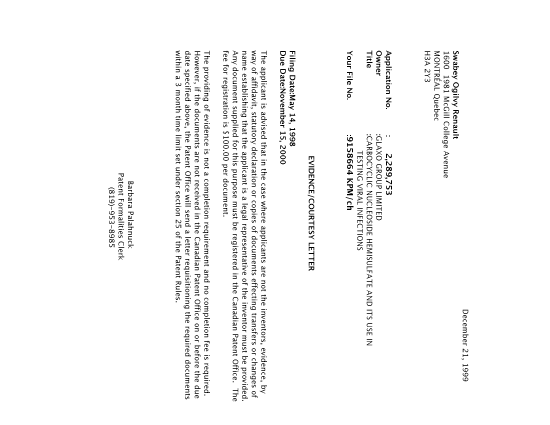 Canadian Patent Document 2289753. Correspondence 19981220. Image 1 of 1
