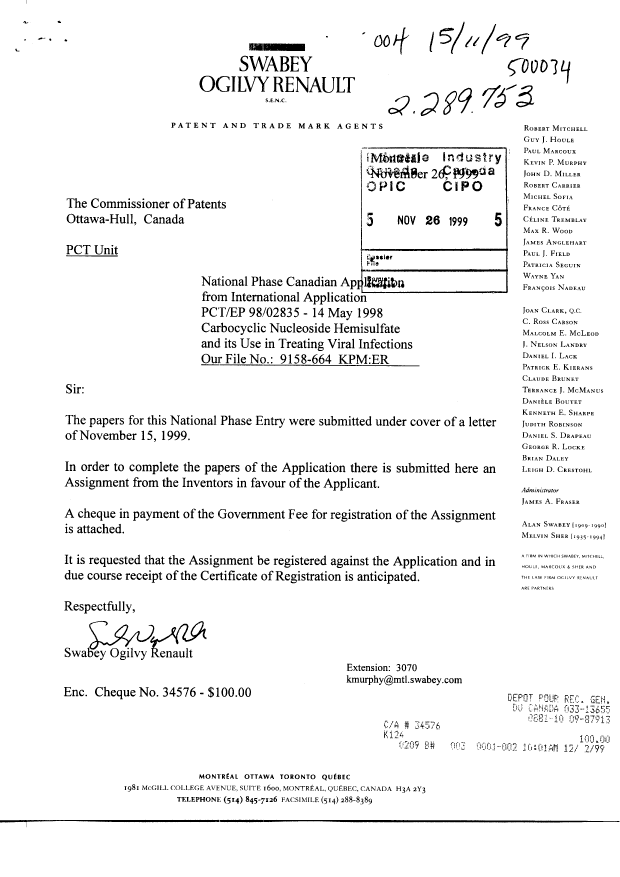 Document de brevet canadien 2289753. Cession 19981226. Image 1 de 3
