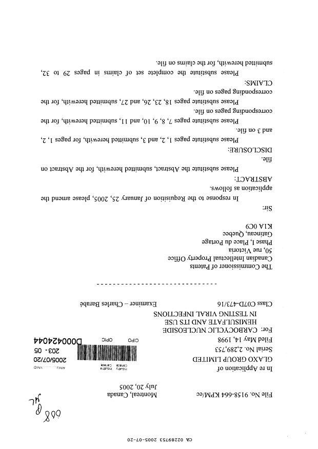 Document de brevet canadien 2289753. Poursuite-Amendment 20041220. Image 1 de 21