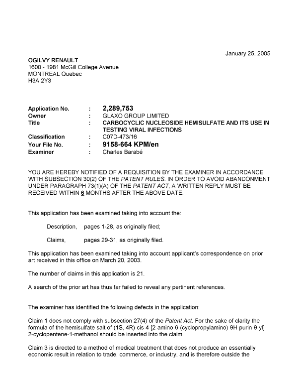 Canadian Patent Document 2289753. Prosecution-Amendment 20041225. Image 1 of 3