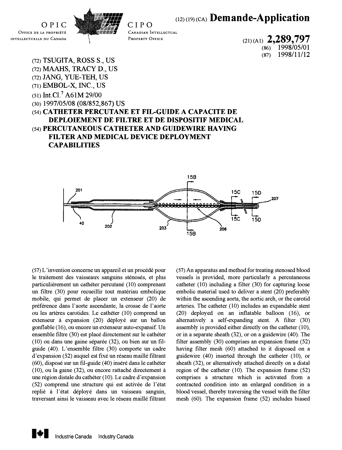 Document de brevet canadien 2289797. Page couverture 20000113. Image 1 de 2
