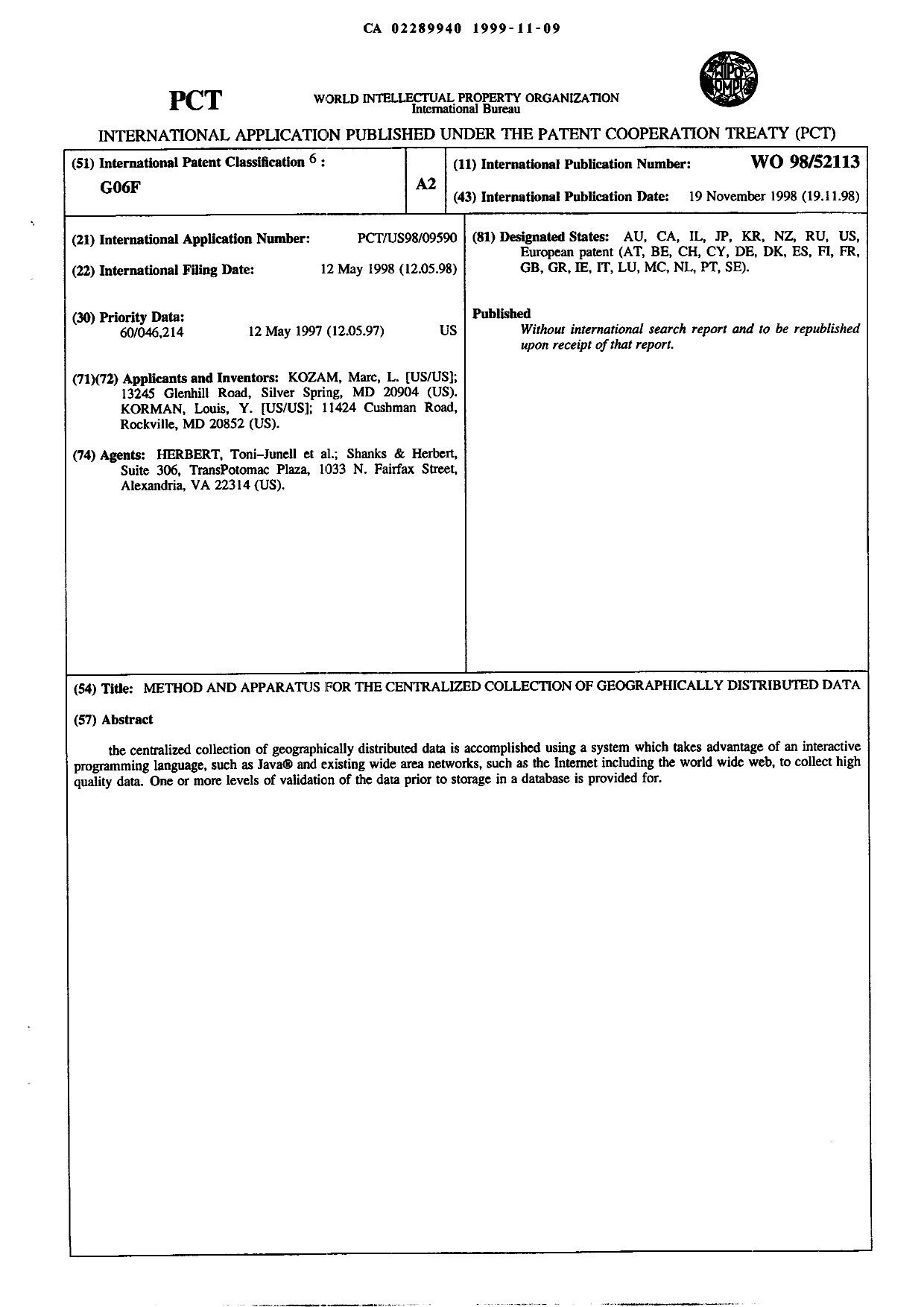 Document de brevet canadien 2289940. Abrégé 19991109. Image 1 de 1