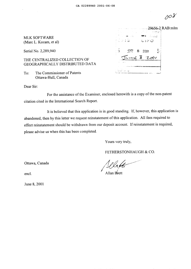 Canadian Patent Document 2289940. Prosecution-Amendment 20001208. Image 1 of 1