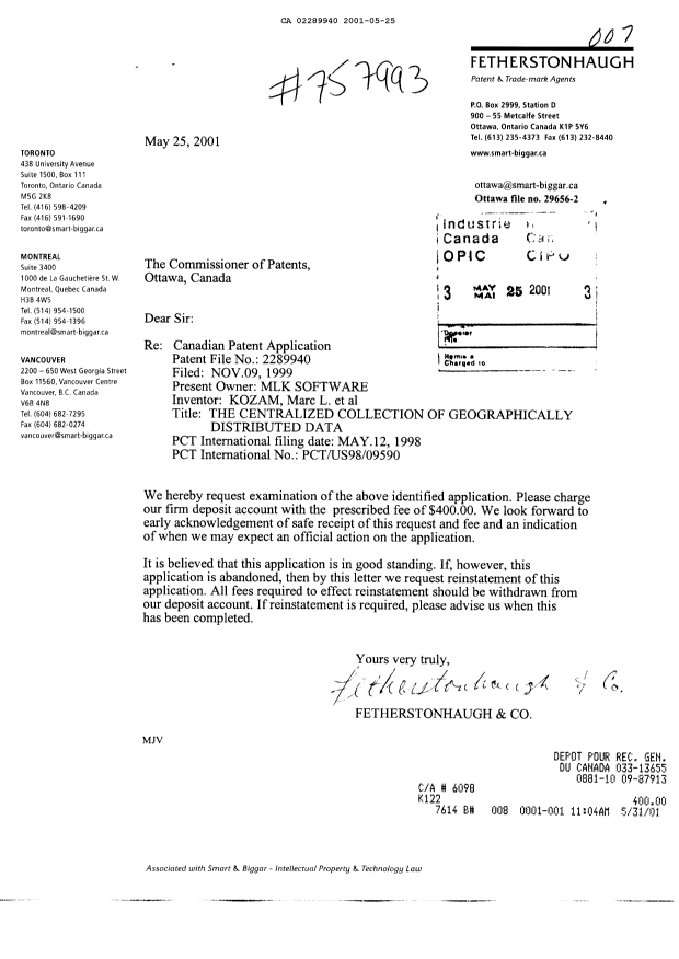 Canadian Patent Document 2289940. Prosecution-Amendment 20001225. Image 1 of 1