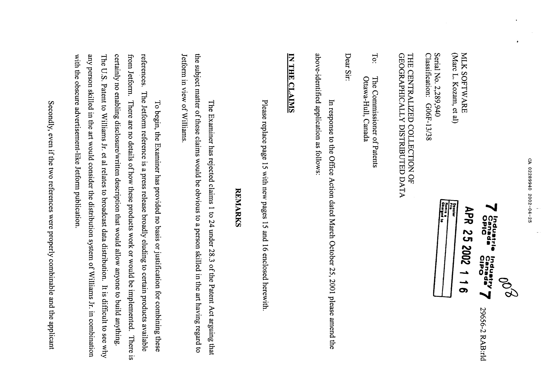 Canadian Patent Document 2289940. Prosecution-Amendment 20011225. Image 1 of 4