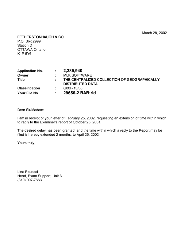 Canadian Patent Document 2289940. Correspondence 20011228. Image 1 of 1