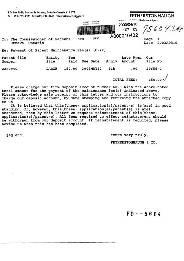 Canadian Patent Document 2289940. Fees 20021216. Image 1 of 1