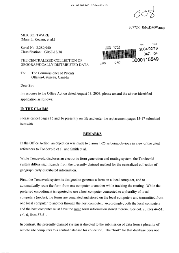 Canadian Patent Document 2289940. Prosecution-Amendment 20031213. Image 1 of 7
