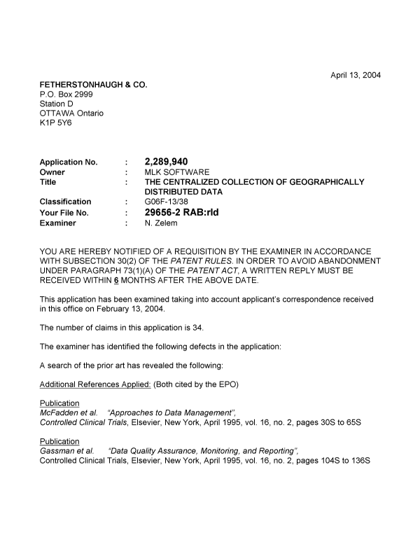 Canadian Patent Document 2289940. Prosecution-Amendment 20031213. Image 1 of 3