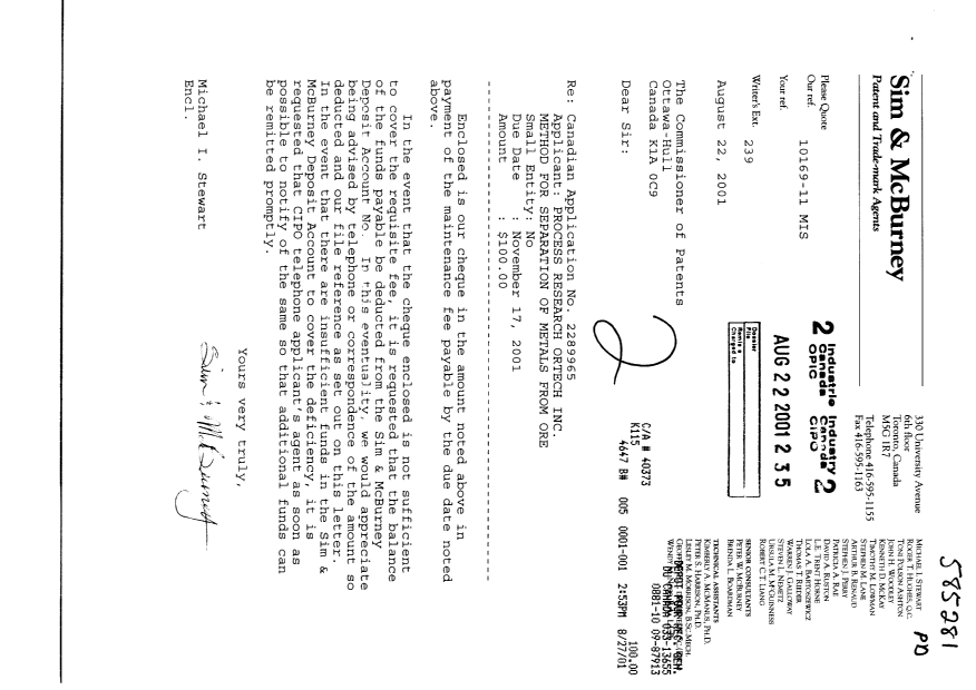 Document de brevet canadien 2289965. Taxes 20001222. Image 1 de 1