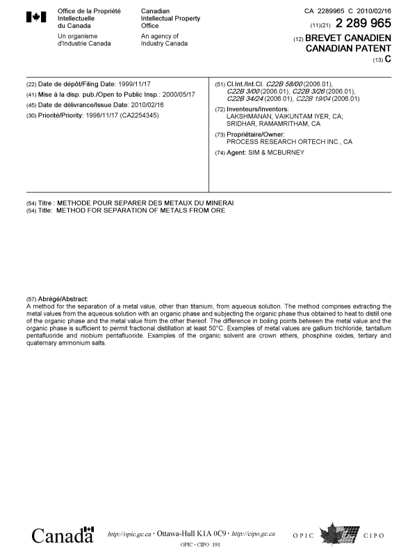 Canadian Patent Document 2289965. Cover Page 20091220. Image 1 of 1