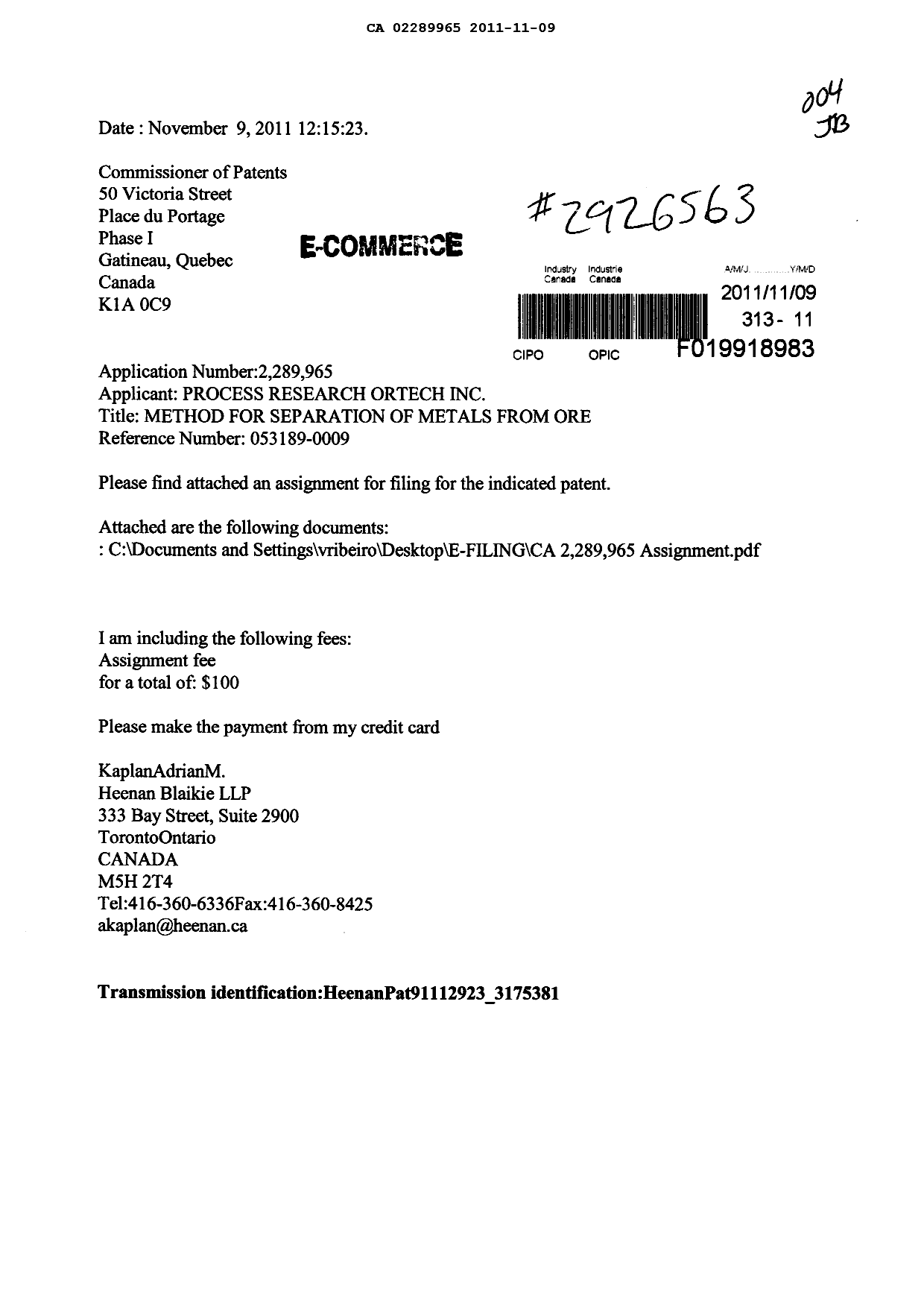 Document de brevet canadien 2289965. Cession 20101209. Image 1 de 5