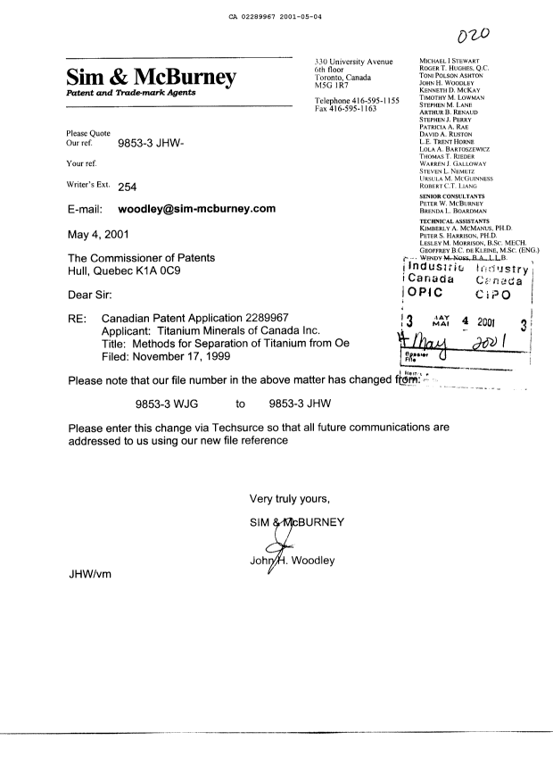 Canadian Patent Document 2289967. Correspondence 20001204. Image 1 of 1
