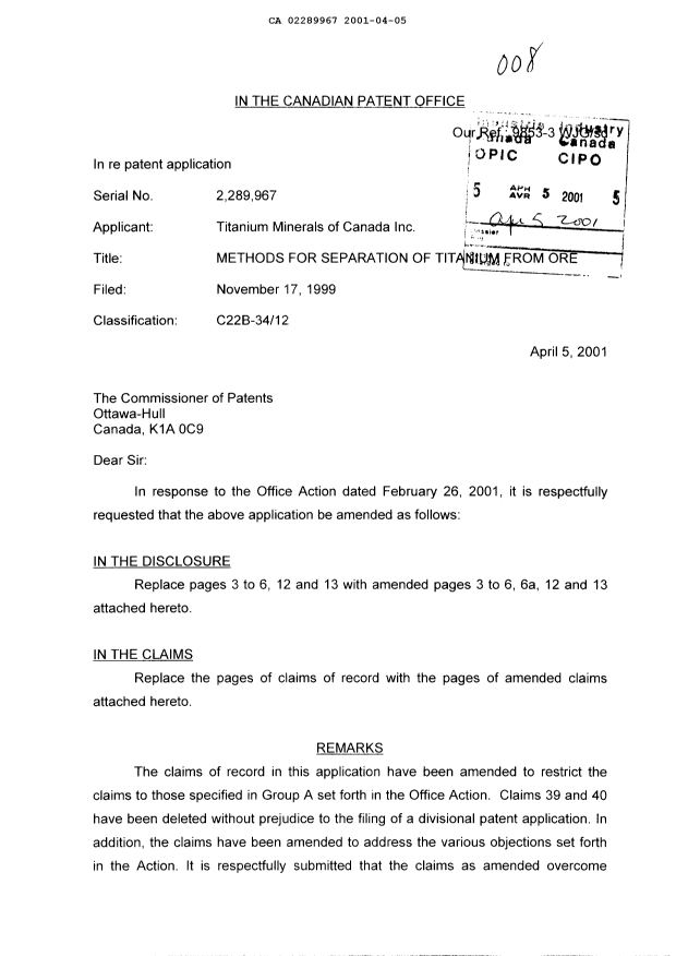 Canadian Patent Document 2289967. Prosecution-Amendment 20001205. Image 1 of 17