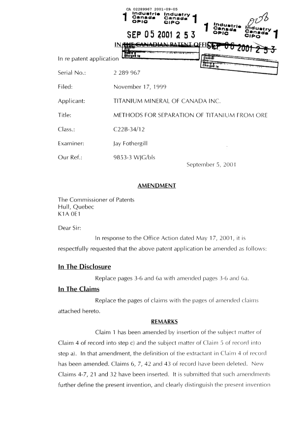 Canadian Patent Document 2289967. Prosecution-Amendment 20001205. Image 1 of 13