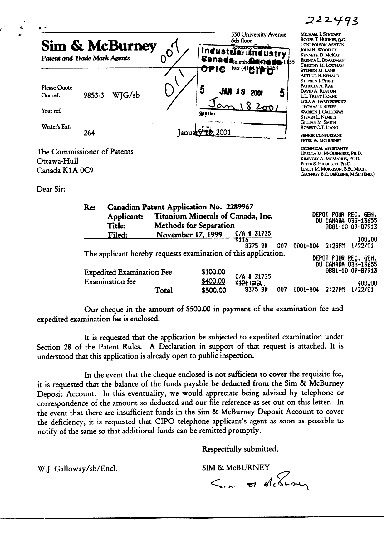 Canadian Patent Document 2289967. Prosecution-Amendment 20001218. Image 1 of 2