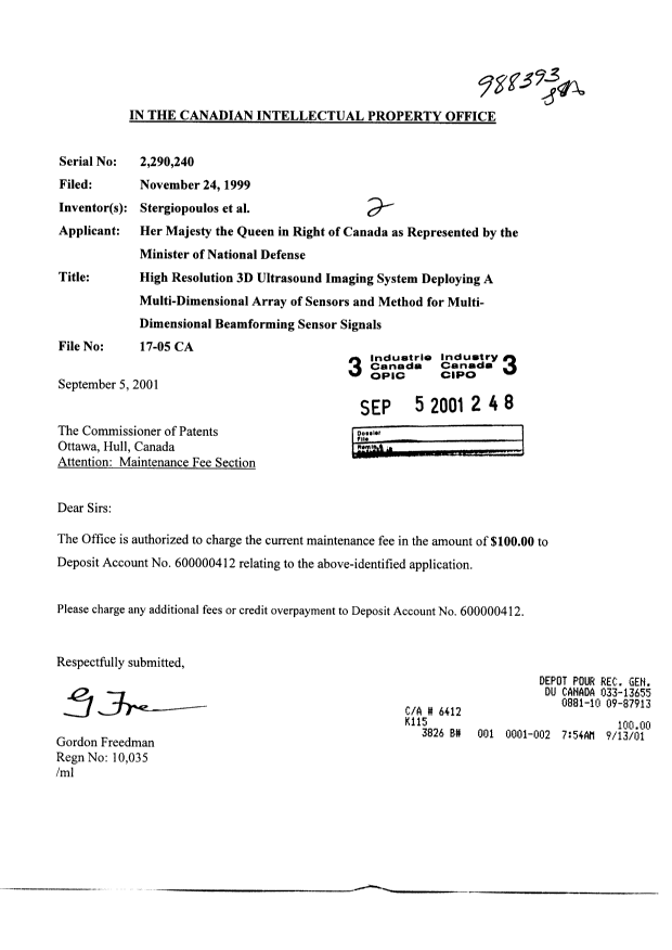 Canadian Patent Document 2290240. Fees 20010905. Image 1 of 1