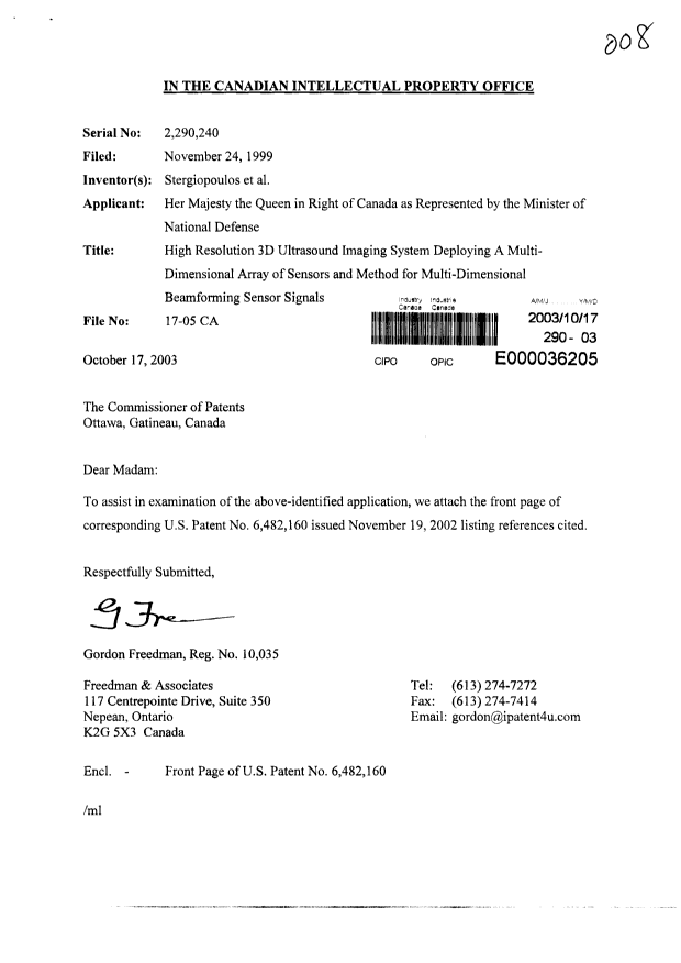 Canadian Patent Document 2290240. Prosecution-Amendment 20031017. Image 1 of 1