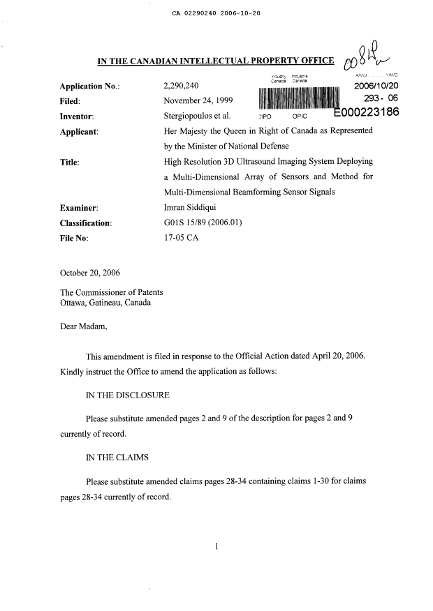 Canadian Patent Document 2290240. Prosecution-Amendment 20061020. Image 1 of 12