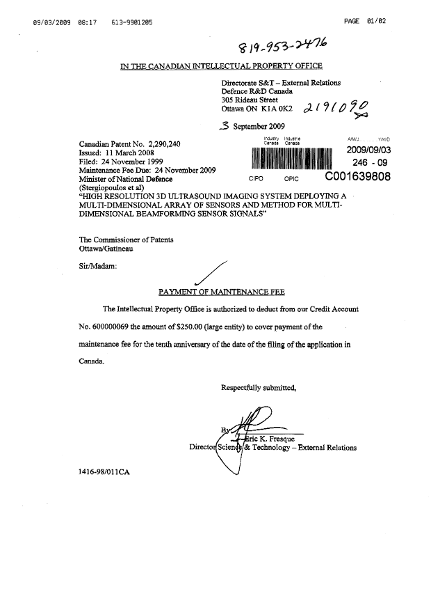 Canadian Patent Document 2290240. Fees 20090903. Image 1 of 1
