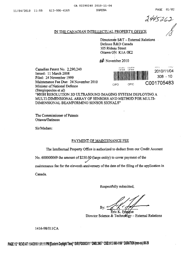 Canadian Patent Document 2290240. Fees 20101104. Image 1 of 1