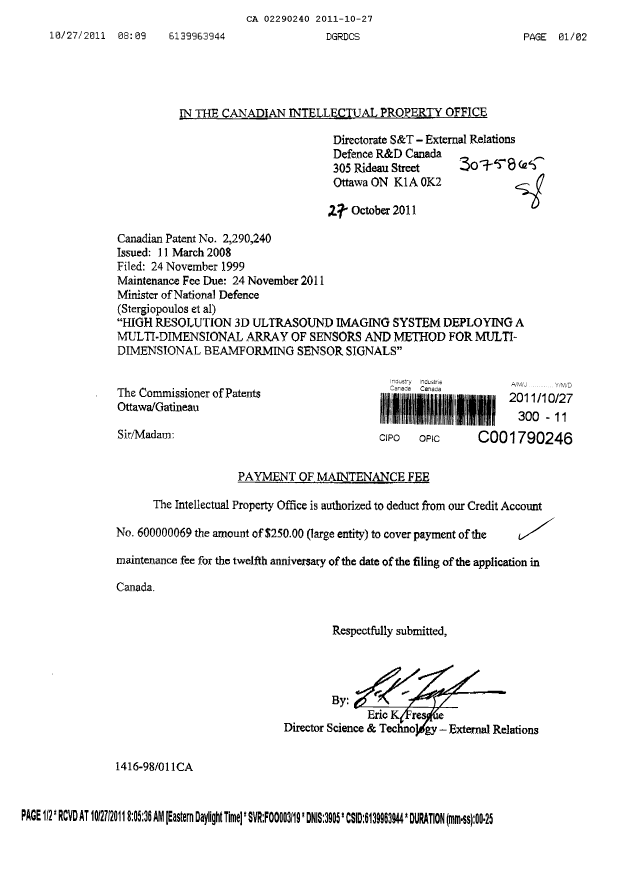 Canadian Patent Document 2290240. Fees 20111027. Image 1 of 1