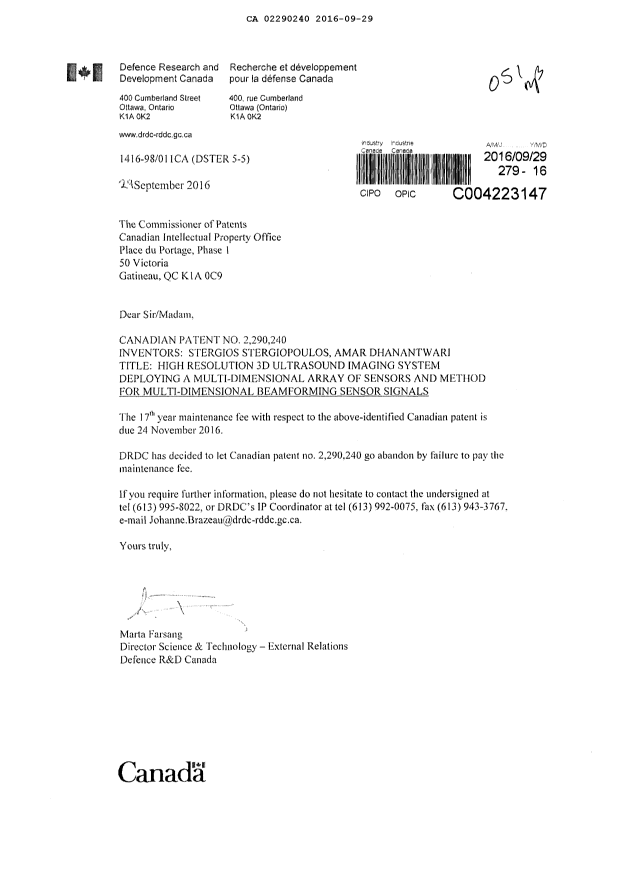 Canadian Patent Document 2290240. Maintenance Fee Correspondence 20160929. Image 1 of 1