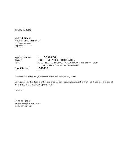 Canadian Patent Document 2290286. Correspondence 20000105. Image 1 of 1