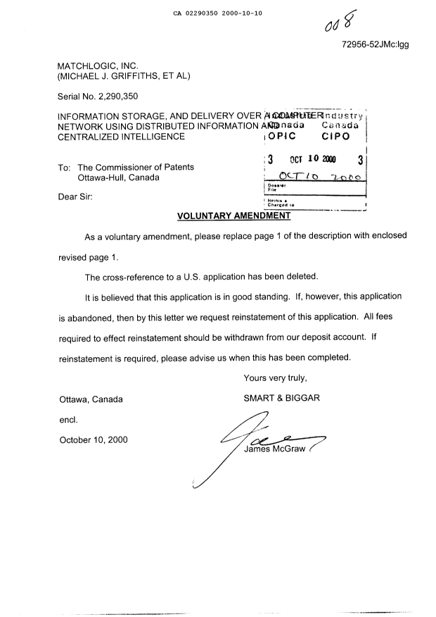 Canadian Patent Document 2290350. Prosecution-Amendment 19991210. Image 1 of 2