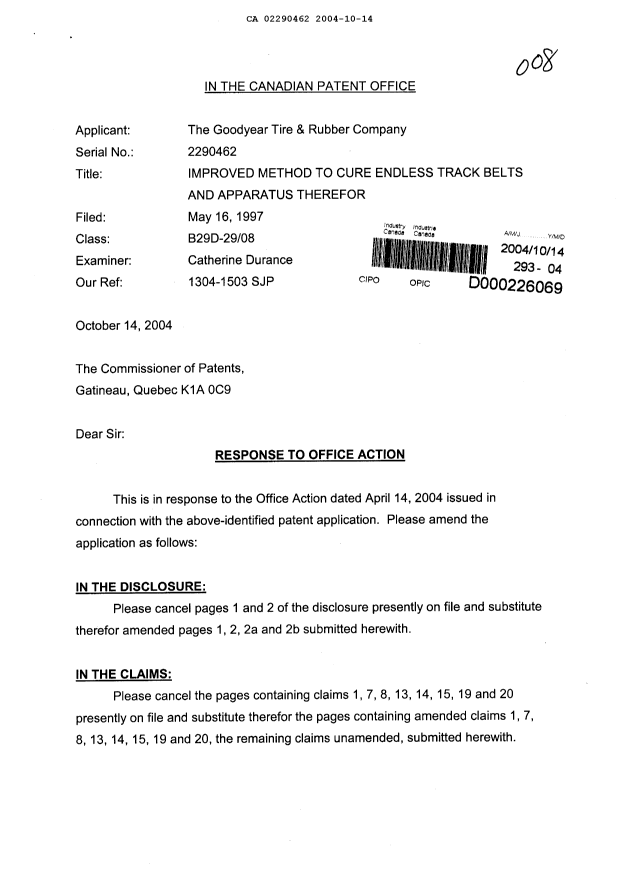 Canadian Patent Document 2290462. Prosecution-Amendment 20041014. Image 1 of 11