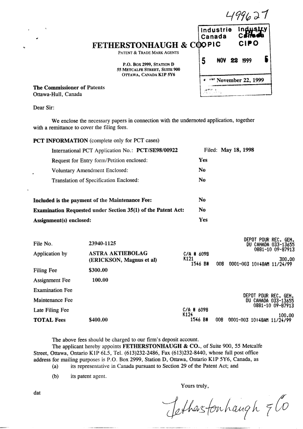 Document de brevet canadien 2290531. Cession 19981222. Image 1 de 4