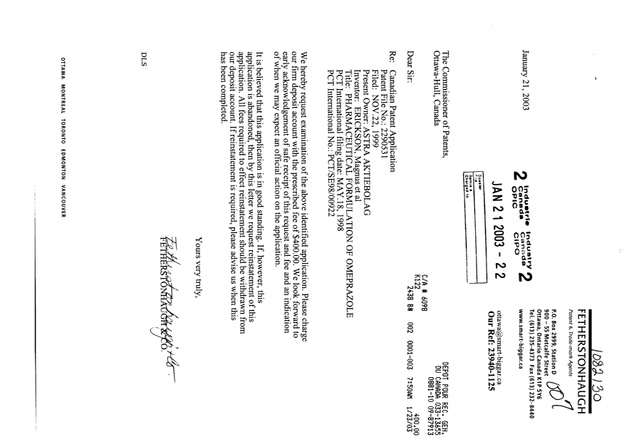 Canadian Patent Document 2290531. Prosecution-Amendment 20021221. Image 1 of 1