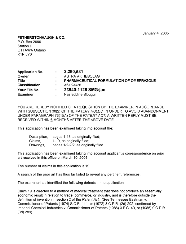 Canadian Patent Document 2290531. Prosecution-Amendment 20041204. Image 1 of 2