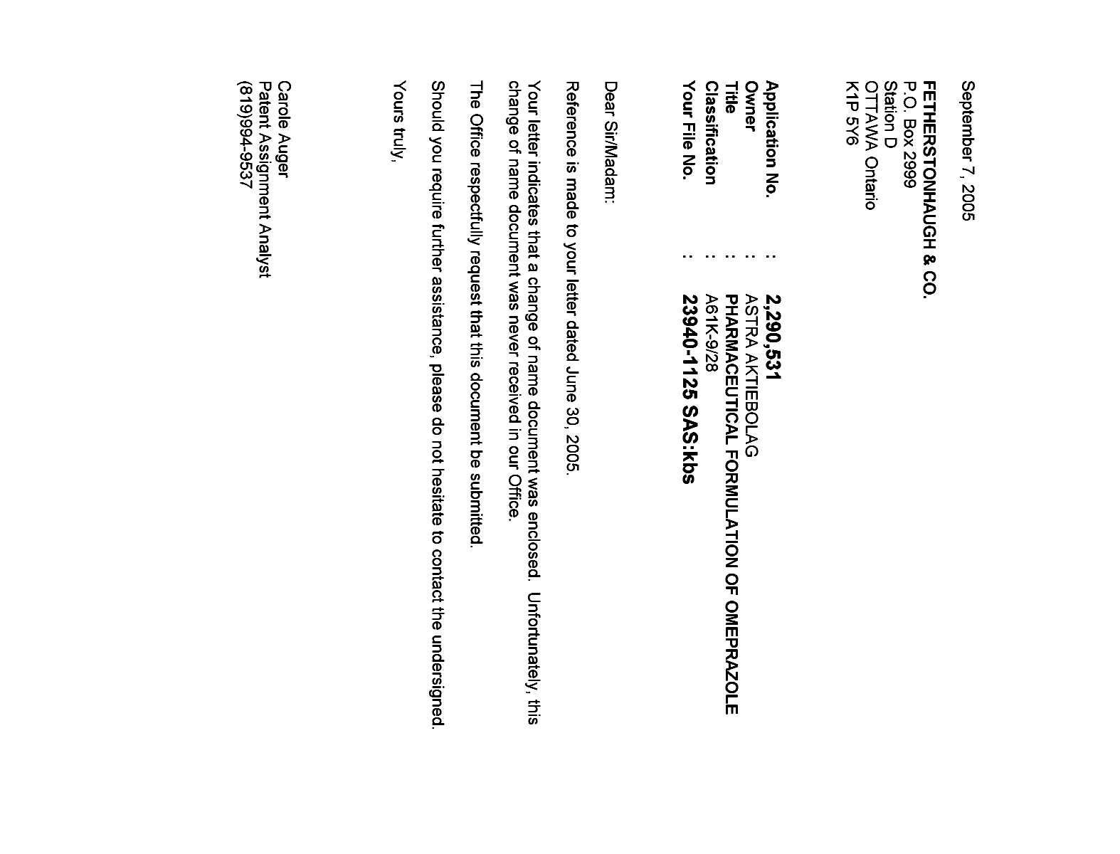 Canadian Patent Document 2290531. Correspondence 20041207. Image 1 of 1