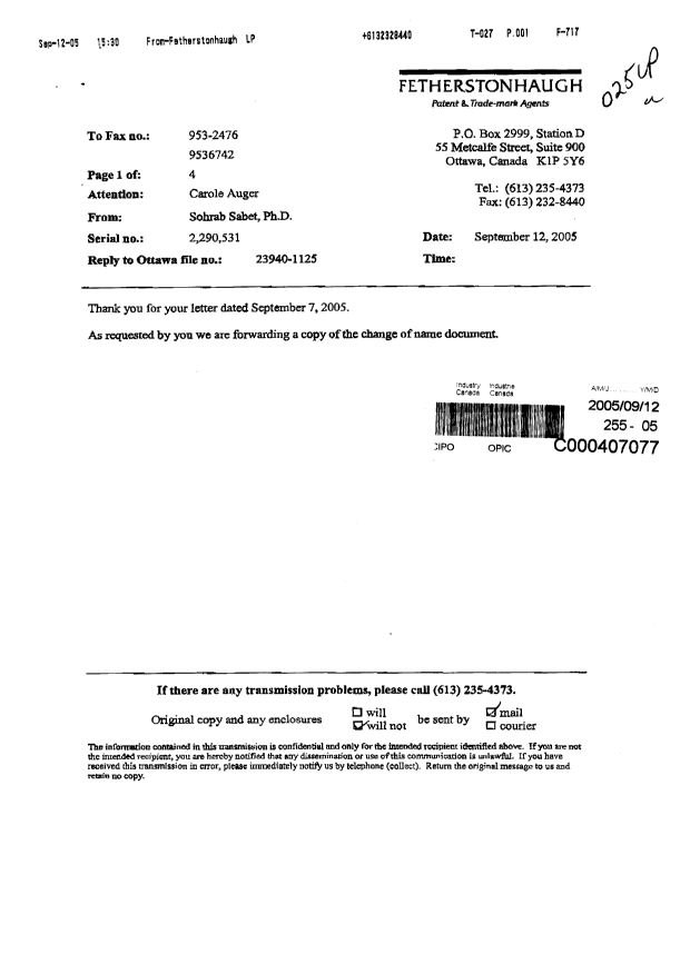 Document de brevet canadien 2290531. Cession 20041212. Image 1 de 4