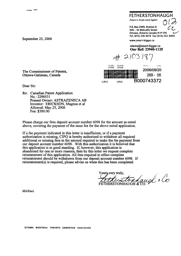 Document de brevet canadien 2290531. Correspondance 20051225. Image 1 de 1
