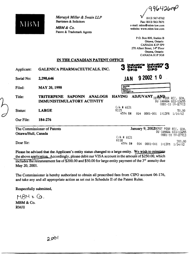 Document de brevet canadien 2290646. Taxes 20020109. Image 1 de 1