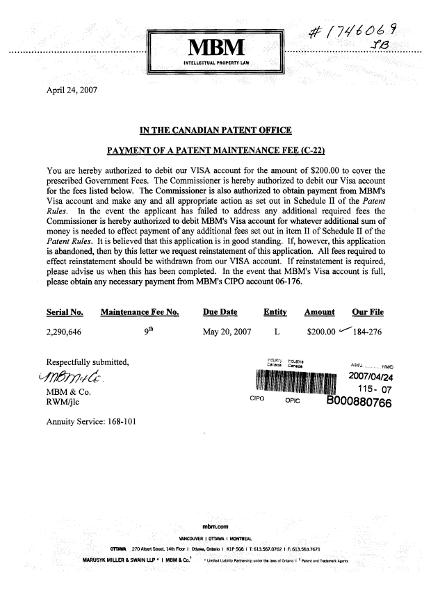 Document de brevet canadien 2290646. Taxes 20070424. Image 1 de 1