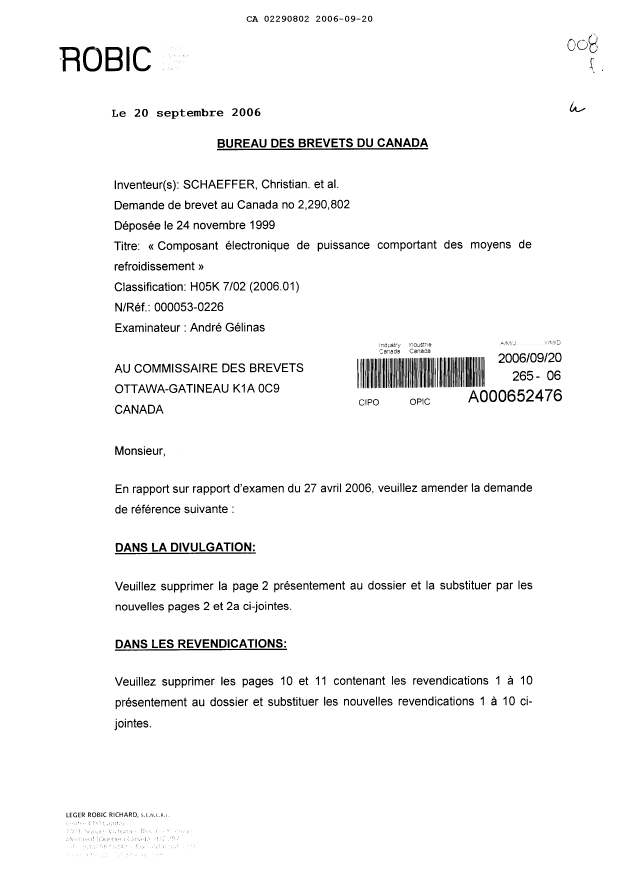 Canadian Patent Document 2290802. Prosecution-Amendment 20060920. Image 1 of 9