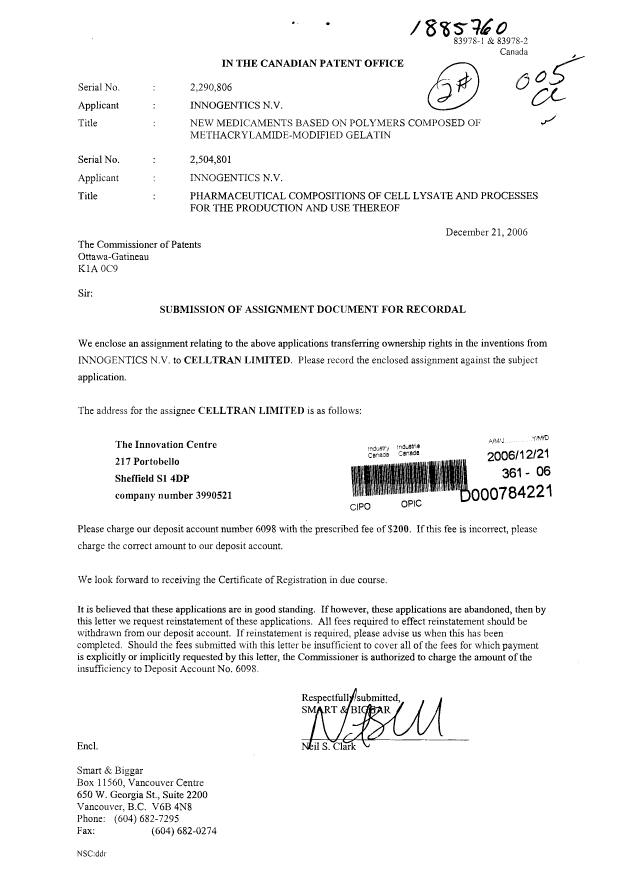 Document de brevet canadien 2290806. Cession 20061221. Image 1 de 3