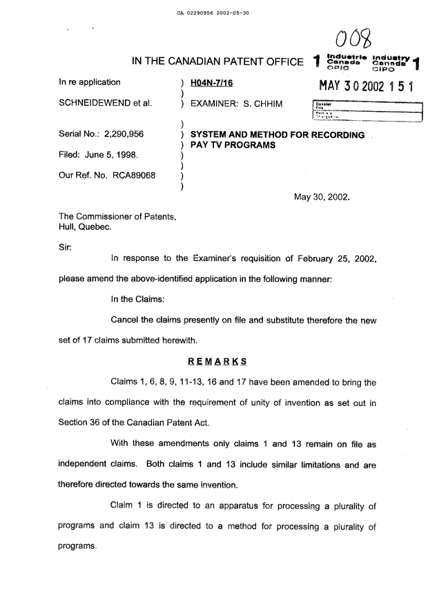 Canadian Patent Document 2290956. Prosecution-Amendment 20020530. Image 1 of 6