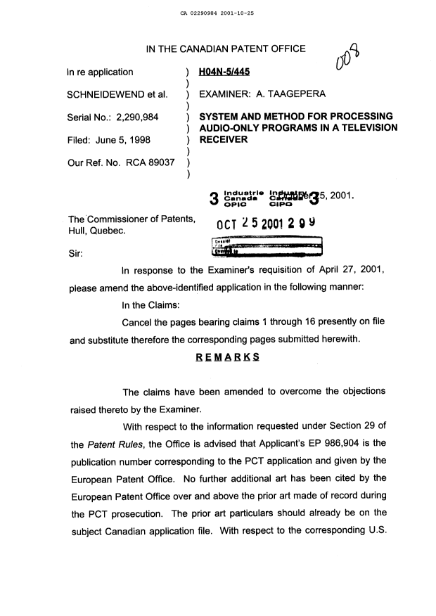 Canadian Patent Document 2290984. Prosecution-Amendment 20001225. Image 1 of 5